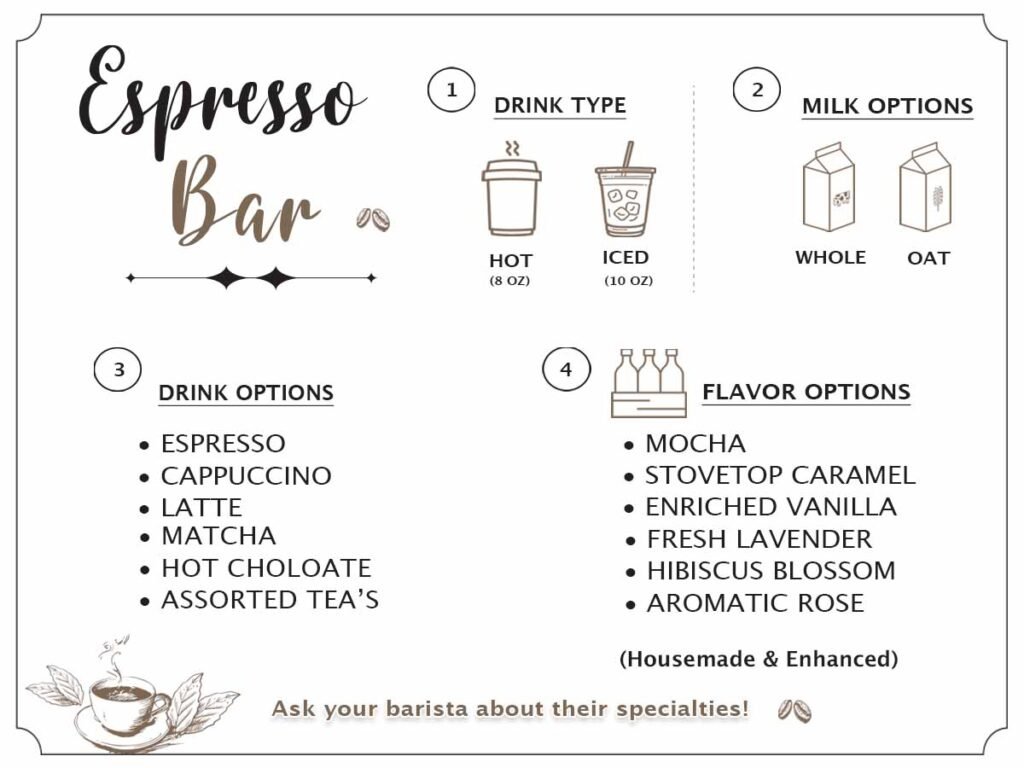 Coffee menu by Party Shakers | Mobile Espresso Bar catering | Los Angeles