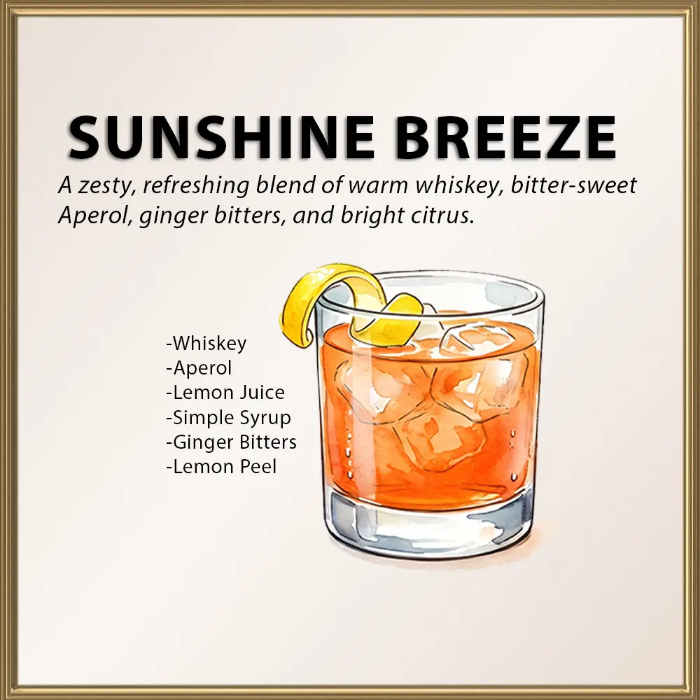 sunshine breeze | Party Shakers Los Angeles A refreshing craft Sunshine Breeze signature wedding cocktail served with a fresh lemon peel garnish at a Los Angeles wedding.